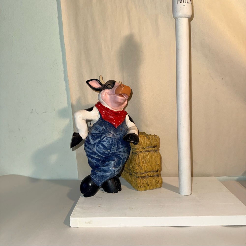 Charming Cow Figurine with Hay Bale Paper Towel Rack
